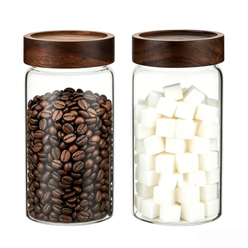 Glass Coffee Jars Spice Jar Round Storage Canister with Wooden Lid Clear Glass Food Jar for Pantry Sugar Tea Coffee Bean Spice Nuts Cookies Bath Salts