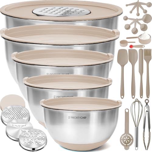 28pc Stainless Steel Mixing Bowls with Lids Set (Utensils - Khaki)