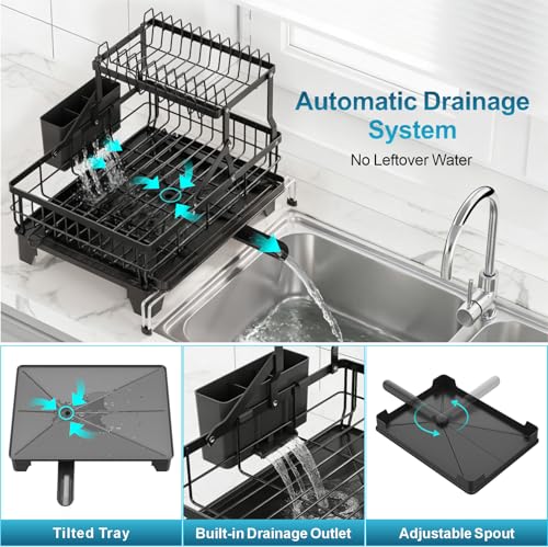 Large 2 Tier Dish Drying Rack (Black / 2-Tier, Expandable 14.4"-22.4" W)