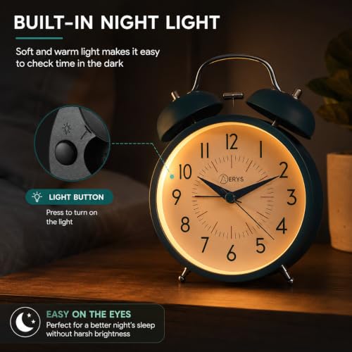 Analog Alarm Clock 1 Year Warranty for Heavy Sleepers Loud Clock for Adults (Mettalic Green Big Alarm Clock)