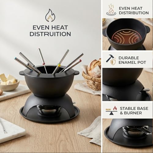 11 Piece Cast Iron Fondue Set with Adjustable Burner 6 Colored Forks