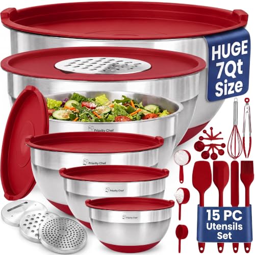 6Pc Stainless Steel Mixing Bowls with Lids Set (Red)