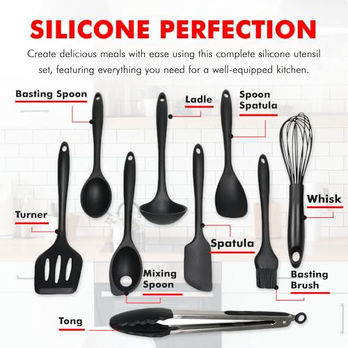 Premium Silicone Kitchen Tools and Utensils Set (9 Piece Set / Black)