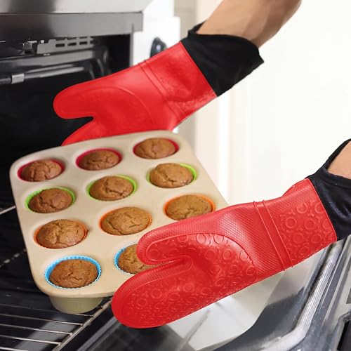BPA Free Soft Silicone Oven Mitts (Canyon Red / 2-Piece 14.7" Oven Mitts)