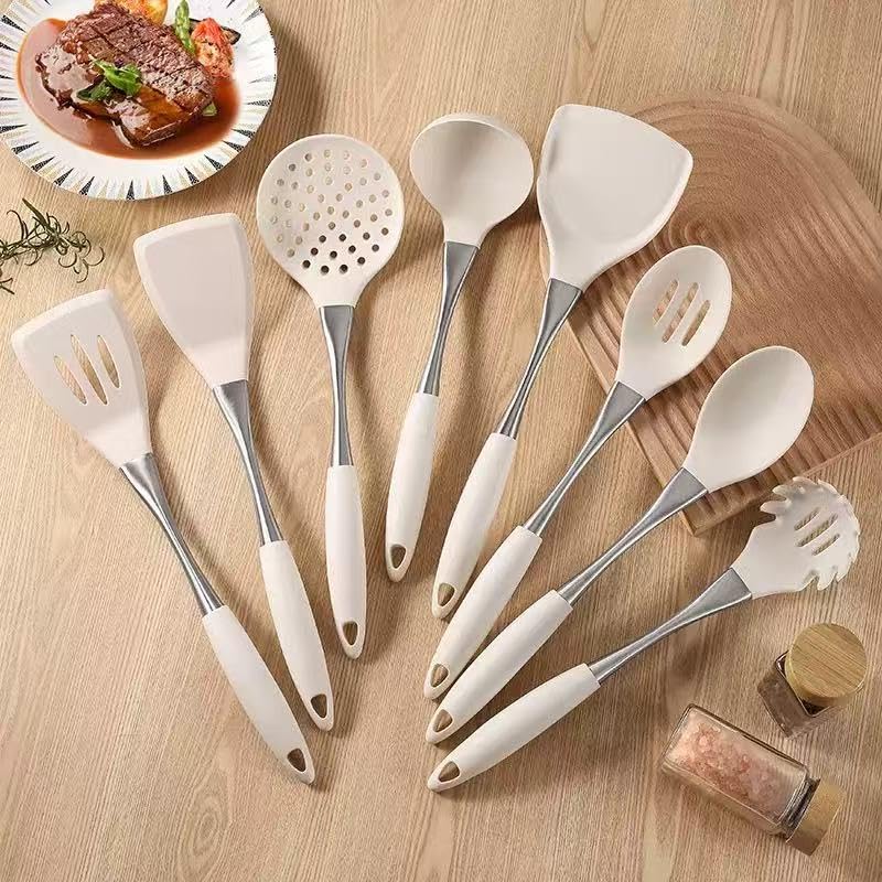 8 Piece Silicone Kitchen Utensil Set (White and silvery)