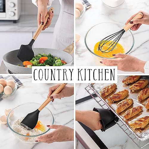 Non Stick Silicone Utensil Set with Rounded Wood Handles for Cooking and Baking (38 Piece Set / Black)
