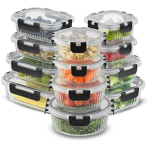 24pc Fluted Glass Storage Containers with Lids. 12 Airtight