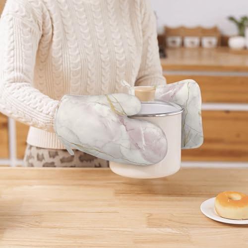 Oven Mitts and Pot Holders Light Pink White Marble Silicone Kitchen Accessories Set of 4 Heat Resistant Long Gloves Potholder Non (A06642)