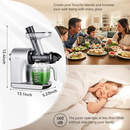 Cold Press Juicer ORMEO HOME Masticating Juicer Machines withLarge Feed Chute Fit Whole Vegetables & Fruits with Pulp Seperation 99.6% Juice Purity Quiet Motor