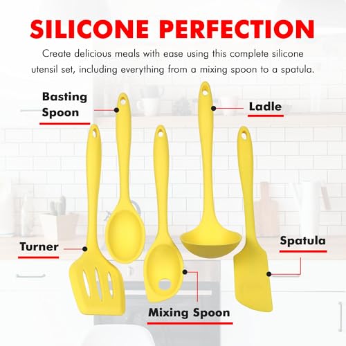 Premium Silicone Kitchen Tool and Utensil Set (5 Piece Set / Yellow)
