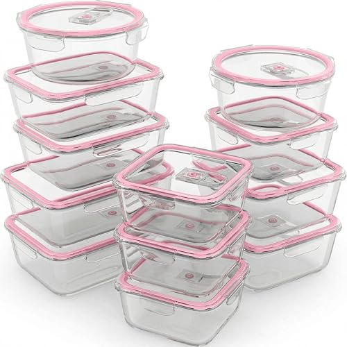 24 Pc Airtight Glass Food Storage Containers (Pink)