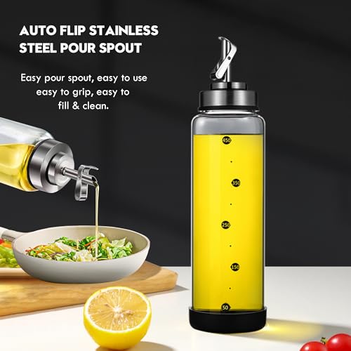 Glass Olive Oil Dispenser Bottle for Kitchen Shatterproof & Leakproof Cooking Oil Dispenser with Stainless Steel Spout & Rubber Bottom 17 oz Heat Resistant Olive Oil Bottle (Clear 1 piece)