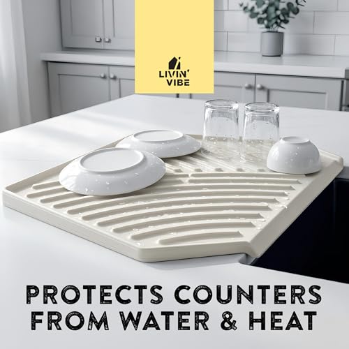 Silicone Dish Drying Mat with Drain (Greige Color)