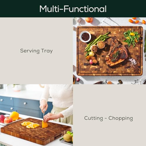Medium (M) Teak End Grain Cutting Board, Reversible, Knife-Friendly Charcuterie Wood Cutting Board with Juice Groove & Handles, Non-Toxic, Gift Box Included (7" x 13" x 1.5") (M - Teak End Gain / 17"L x 13"W)