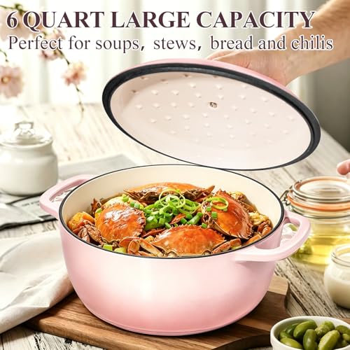 6QT Enameled Cast Iron Dutch Oven Pot with Lid (Pink)