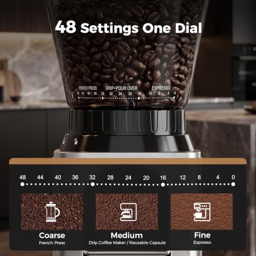 Conical Burr Coffee Bean Grinder with 48 Settings (Silver)