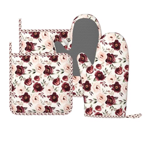 Oven Mitts Pot Holders Set Rose Flower Watercolor Floral Silicone Kitchen Gloves Potholders Heat Resistant for Chef Baking Cooking Grilling BBQ 4 Pack Mitt (C013)