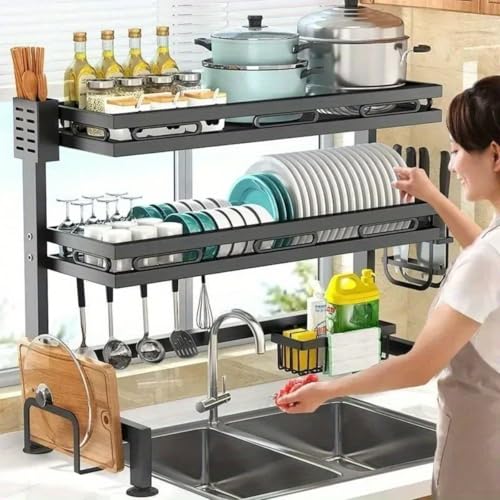 3 Tier Over Sink Dish Draining Rack Adjustable Width and Height with Phone Holder Cup Holder