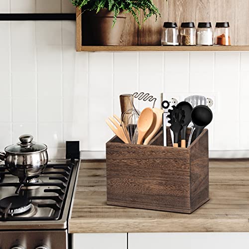 Rustic Wooden Utensil Caddy With 2 Compartments