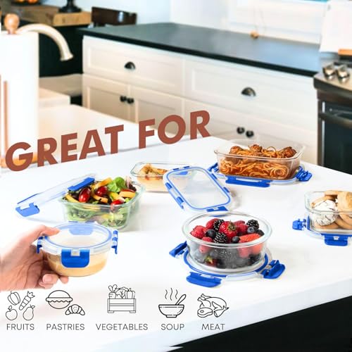 30 PC Glass Food Storage Containers with Lids (Blue)