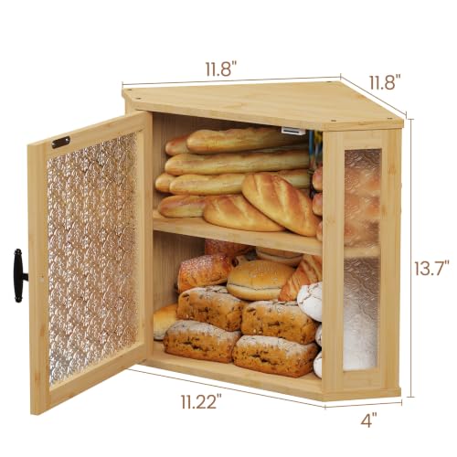 Corner Bread Box for Kitchen Countertop Double Layer Bamboo Wood Large Capacity Bread Storage Container Retro Vintage Farmhouse (Natural / Medium)