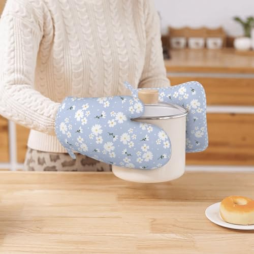 Oven Mitts Pot Holders Set Daisy Flower Pastel Silicone Kitchen Gloves Potholders Heat Resistant for Chef Baking Cooking Grilling BBQ 4 Pack Mitt (C07)