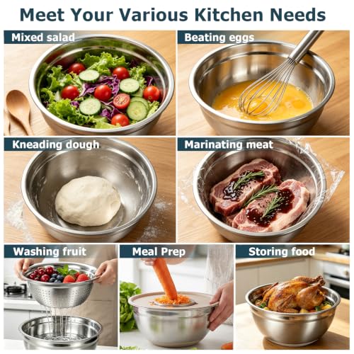 Stainless Steel Mixing Bowl Set with Lids (Khaki)