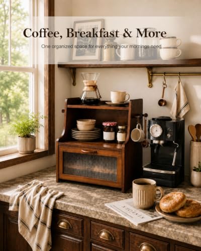 Bread Box for Kitchen Countertop Large Capacity with Shelf Organizer (Brown)
