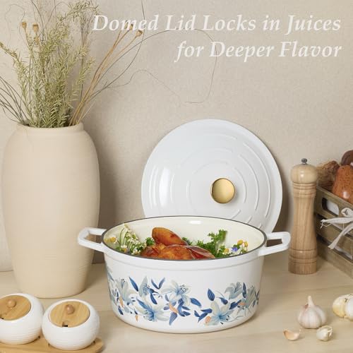 7QT Enameled Cast Iron Dutch Oven Pot with Lid (Blue Floral / 7QT)