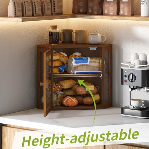 Corner Bread Box for Kitchen Countertop Double Layer Bamboo Wooden Bread box Large Capacity Bread Storage Bin (Brown / Medium)