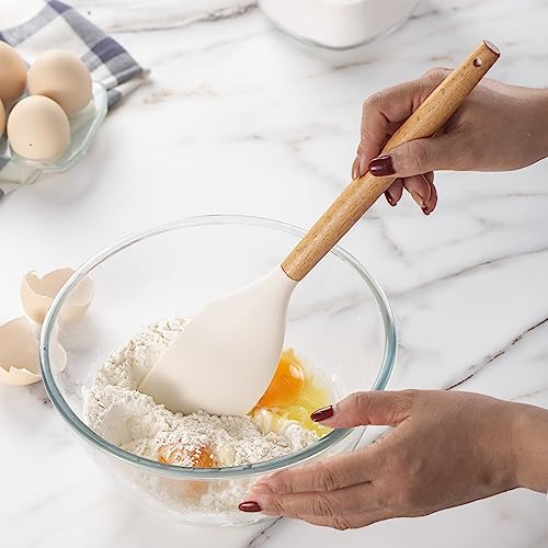 Non Stick Silicone Utensil Set with Rounded Wood Handles for Cooking and Baking (14 Piece Set / Khaki)