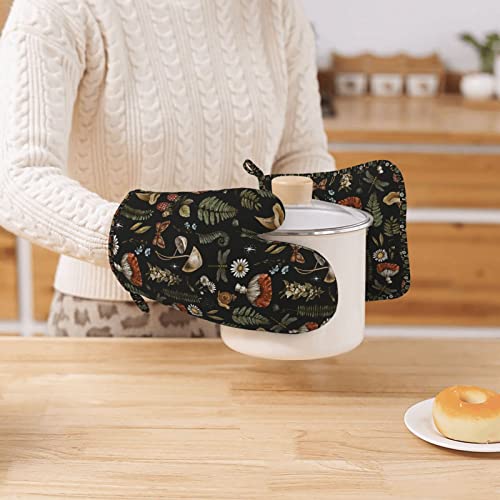 Mushroom Oven Mitts Pot Holders Set Silicone Vintage Magic Leaf Kitchen Gloves Potholders Heat Resistant for Chef Baking Cooking Grilling BBQ 4 Pack Mitt (A1)