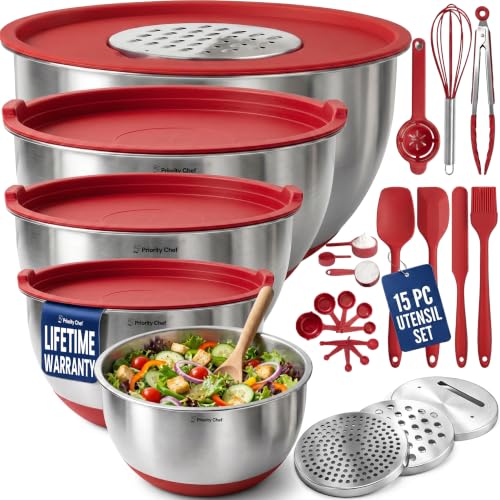 28pc Stainless Steel Mixing Bowls with Lids Set (Utensils - Red)