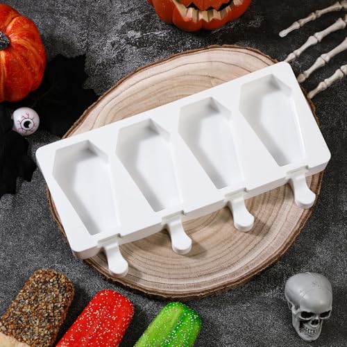 Halloween Ghost Shaped Mold 4 Cavity Reusable Silicone Cakesicle Cake Pop Ice Cream Mold for Adults Homemade Ice Cream Chocolate Candy DIY Trick Dessert Decorating