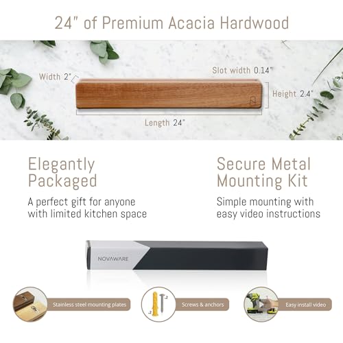 Premium 24 inch Magnetic Knife Holder for Wall with 2x Storage & Charming Wood (Acacia Wood / 24" w/ Wall Mount)