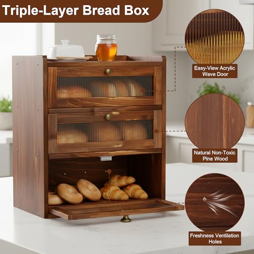 3 Layer Wooden Bread Box with Acrylic Window (3 Layer)