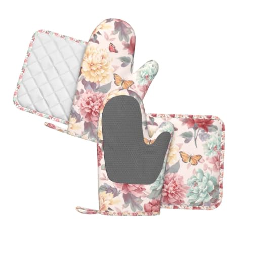 Oven Mitts and Pot Holders Set Peony Flower Butterfly Silicone Kitchen Accessories 4 Piece Heat Resistant Long Gloves Potholder Non (C10)