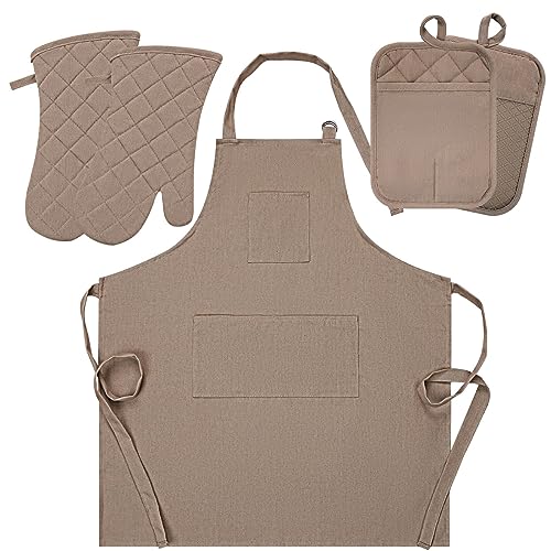Oven Mitts and Pot Holders with Cooking Apron Set of 5 (Coffee)