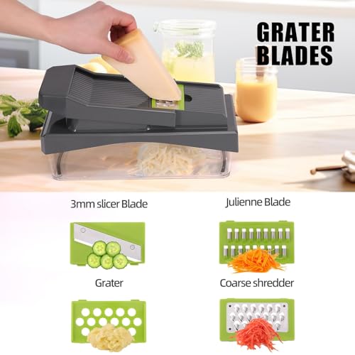 10-in-1 Vegetable Chopper – 6 Blade Veggie Chopper with Container, Food Dicer, Onion Cutter, Cheese Grater, Mandoline Slicer, Kitchen Gadgets & Home Essentials (Gray) (Gray)