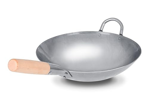 Traditional Hand Hammered Carbon Steel Pow Wok with Wooden and Steel Helper Handle