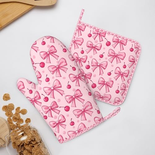 Oven Mitts Pot Holders Set Pink Bows Cherry Silicone Kitchen Gloves Potholders Heat Resistant for Chef Baking Cooking Grilling BBQ 4 Pack Mitt (B018)
