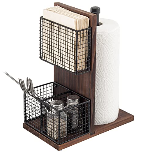 Rustic Burnt Solid Wood and Industrial Matte Black Metal Dining Combination Caddy with Paper Towel Roll Dispenser Stand