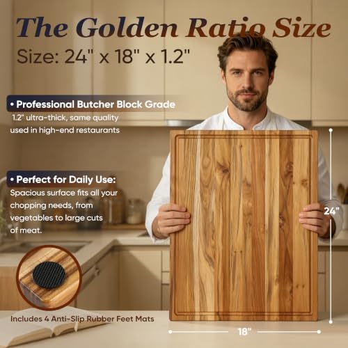XXL Teak Wood Cutting Board for Kitchen 24" Extra Thick Butcher Block (24"L x 18.1"W)