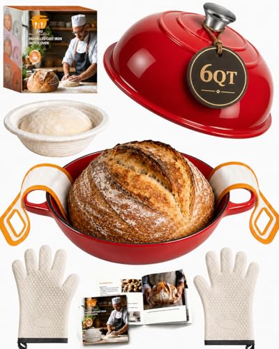 6QT Enameled Cast Iron Dutch Oven for Sourdough Bread Baking (Garnet Red)