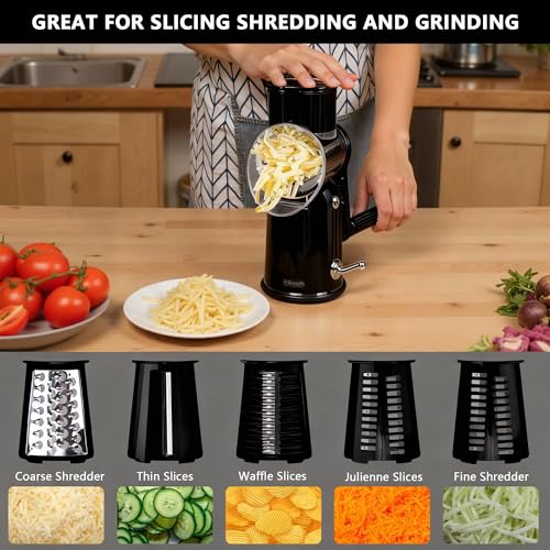 5-in-1 Rotary Cheese Grater Vegetable Slicer with Handle - Upgraded Hand Crank Cheese Grater with Handle and Strong Suction Base, Multi-Purpose Slicer with 5 Blades