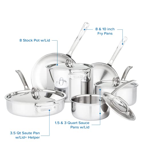 Culinary 3 Ply Stainless Steel Cookware Set with Metal Lids (10 Piece)
