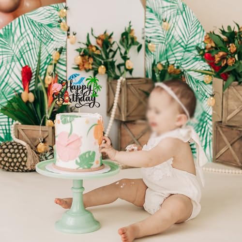 1Pcs Summer Beach Happy Birthday Cake Topper Glitter Ball Tree Umbrella Pool Cake Pick for Hawaiian Holiday Baby Shower Birthday Party Cake Decorations Supplies Blue