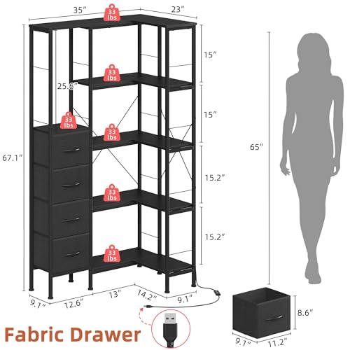 Corner Bookshelf with LED Light Strips & 4 Fabric Drawers