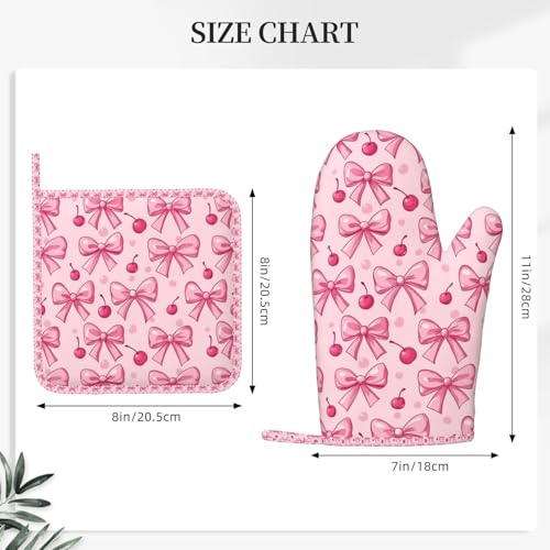 Oven Mitts Pot Holders Set Pink Bows Cherry Silicone Kitchen Gloves Potholders Heat Resistant for Chef Baking Cooking Grilling BBQ 4 Pack Mitt (B018)