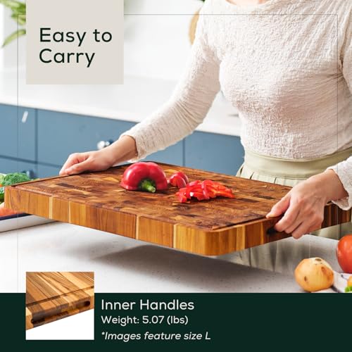 Medium (M) Teak End Grain Cutting Board, Reversible, Knife-Friendly Charcuterie Wood Cutting Board with Juice Groove & Handles, Non-Toxic, Gift Box Included (7" x 13" x 1.5") (M - Teak End Gain / 17"L x 13"W)